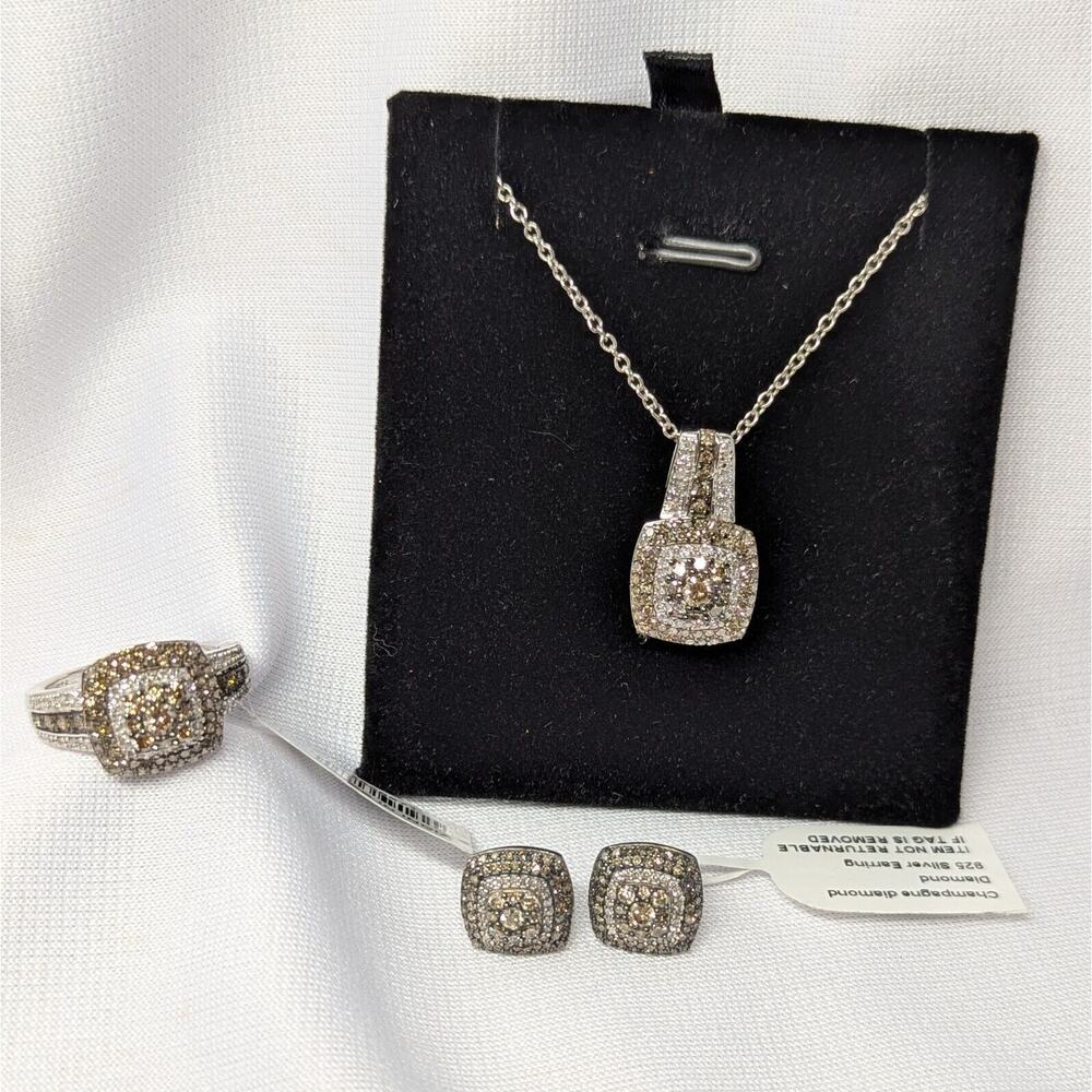 D'Joy Champagne & White Diamond Necklace Ring & Earring Set Sterling Silver
